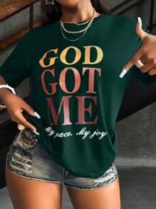 Rovax Áo thun tay ngắn cổ tròn in khẩu hiệu Chúa đã ban cho tôi sự bình an của tôi niềm vui của tôi Áo thun họa tiết dành cho nữ - Màu xanh lá cây đậm - Xem 3