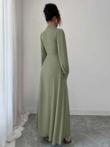 Selianne 女式束腰无袖 A 字形拉链度假波西米亚风优雅翻领连衣裙，女士优雅服装，秋冬连衣裙，外出连衣裙，秋季女装，冬季朴素女装 - 綠色 - 查看 2