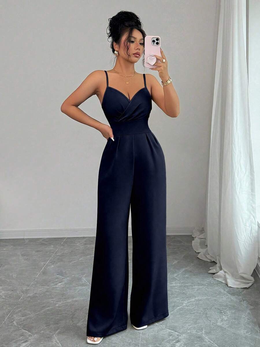 Rafferiza Women's Solid Color Minimalist Elegant Sleeveless Jumpsuit - Navy Blue - View 1