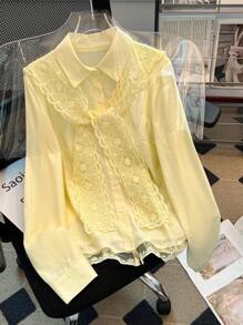 Franclia Áo sơ mi nữ tay dài cổ buộc dây viền ren dáng rộng thoải mái, phong cách tối giản, thu đông, thanh lịch, ôm dáng, cổ mở phía trước, tay dài, cúc vàng, áo sơ mi nữ mùa xuân/thu, áo dài tay màu vàng cho nữ, áo sơ mi công sở cài cúc cho nữ, áo công sở thường ngày cho nữ, áo đi chơi cho nữ, áo màu vàng thường ngày mùa xuân/thu. - Màu vàng - Xem 3