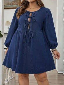 SHEIN CURVE+ 大码女式秋季深牛仔蓝领带蝴蝶结女式灯笼袖大码牛仔连衣裙，秋季女装，女式商务休闲装，娃娃裙，返校装 - 中等水洗藍 - 查看 3