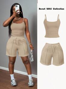 Slaydiva New Spring And Summer Casual Basic Sports Style U-Neck Suspender Vest + Five-Point Trousers With Tooth Strips Decorative Sweatpants White Women's Two Pieces Set-A - Apricot - View 10