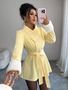 Elenzga Women's Asymmetric Collar Design With Fur Cuff, Cinched Waist Waist Elegant Overcoat For Daily Commute - Yellow - View 4