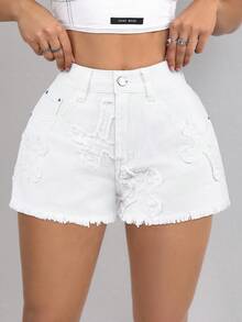 SHEIN ICON 女式休闲浅色磨边牛仔短裤 - 白色 - 查看 4
