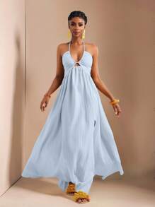 Zivah New Spring And Summer Casual Holiday Halter Neck Strapless Bust, Waist And Back A Swing Skirt With High Slit On The Front To The Thigh, Yellow Sea Stripe Women's Extra Long Dress-B Baby Blue Dress,Sun Dresses For Women - Blue - View 6