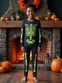 SHEIN Bolty 2pcs Kids/Tween Boys Casual Everyday Comfortable Printed Crew Neck Long Sleeve Top And Leggings Knit Homewear Set Halloween Kids Halloween Home Clothes Halloween Skeleton Luminous Christmas Holiday Pajamas Christmas Pajamas Family Snug Fit Boys Skeleton  Halloween Boy Clothes Glow In The Dark Pajamas Halloween Pajamas Skeleton Pajamas Boys Fall Winter