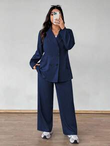 Vionelle 大码休闲通勤纯色双排扣夹克和裤子套装 - 藏蓝色 - 查看 4