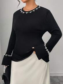 Modelyn Plus Size Women's Casual Fashionable Pearl Decor Long Sleeve Fitted Sweaters Fall Winter Cloth For Women Autumn - Black - View 4