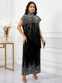 SHEIN Lady 2025 New Women's Elegant, Casual, Party, Commuting, Shiny, Mid-High-Neck, Asymmetrical, Loose-Fitting Short-Sleeved Top And Loose-Fitting Straight-Leg Trousers Two Pieces Set For Spring, Summer And Autumn Halloween  Chic Women's Dress  Party Dress