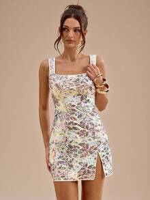 SHEIN BAE 优雅亮片花卉细肩带迷你连衣裙，缀饰花卉吊带裙，适合度假、音乐节、生日、早午餐、婚礼宾客装束、伴娘、秋冬 - 彩色 - 查看 5