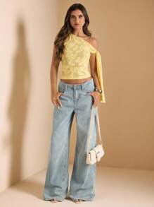 SHEIN BAE 女士秋季服装 黄色针织提花斜肩露脐上衣，短款上衣，黄色上衣，金盏花黄上衣，可爱上衣，秋季露肩上衣 - 黃色 - 查看 3