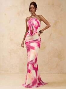 SHEIN BAE 女式优雅花卉印花露背鱼尾下摆连衣裙，夏季 - 粉色 - 查看 4