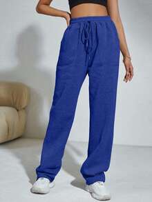 SHEIN Cottnline Women's Solid Color Drawstring Waist Pockets Straight Loose Casual Sweatpants - Royal Blue - View 6