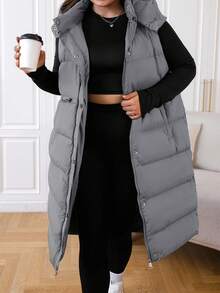 EURMUSE 冬季大码长款连帽黑色背心夹克 - 淺灰色 - 查看 4
