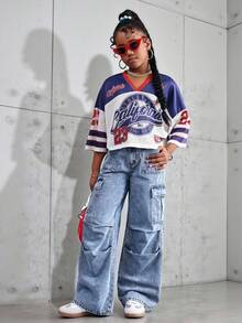 少女Y2K朋克街头风休闲水洗低腰牛仔裤，翻盖口袋褶裥阔腿工装裤，万圣节女孩，圣诞节，秋冬季返校季，秋季，商务休闲女装，秋冬套装，Y2K 2000年代风格，商务休闲女孩，返校季，Y2K牛仔裤，宽松街头牛仔裤，Y2K儿童宽松牛仔裤，少女街头风，少女Y2K牛仔裤 - 中等水洗藍 - 查看 4