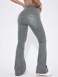 EURMUSE Quần denim ống loe cạp cao đơn sắc, thường ngày đa năng dành cho nữ, mùa hè - Xám - Xem 2