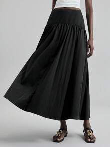 Ontre Chân váy xếp ly cạp cao 2026SS dành cho nữ, chất liệu mềm mại và thoải mái, phù hợp cho đi làm, công sở và mặc hàng ngày. Chân váy dài xếp ly cạp chun màu trơn dành cho nữ, kiểu dáng công sở thường ngày. - màu đen - Xem 4