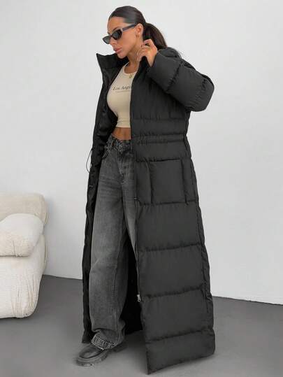 EURMUSE Women's Long Hooded Padded Coat – Maxi Length Quilted Down Jacket, Winter Warm Thick Parka, Zip Up, Windproof, Water-Resistant, Lightweight, Oversized Fit, Black, Casual Outdoor Snowproof Outerwear, Cold Weather Thermal Insulated Coat Long Puffer Coat Long Winter Coat Puffer Coat Women Long Coat Women Winter Coat Women