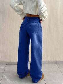 EURMUSE PETITE CASUAL LOW WAIST BAGGY LOOSE STRAIGHT LEG JEAN - Dark Wash - View 2