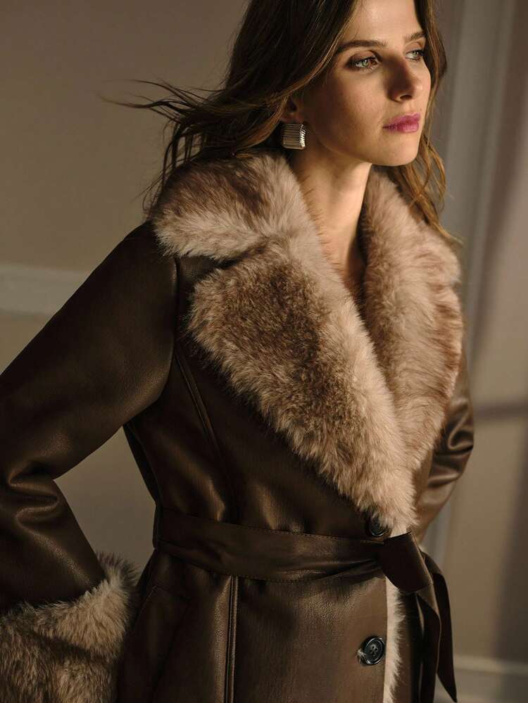 PU LEATHER FUZZY PANEL LAPEL COLLAR SINGLE BREASTED PLACKET BELTED COAT , FALL WINTER