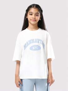 SUMWON Manhattan NYC Varsity Logo Oversized Tween T-Shirt Co-Ord Set Wide Leg Pants Wear Matching Two Piece Comfort Wear - Blue - View 3