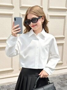 SHEIN Tween Girls' Loose Fit Solid Color Drop Shoulder Long Sleeve Cropped Casual Shirt With Pockets, Long Sleeve Top, Spring/Summer White Shirt For Teen Girls Long Sleeve Crop Top Teen Girls Girls Blouses Girls White Button Down Shirt Fall Winter - White - View 1