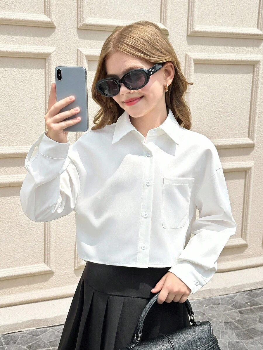 SHEIN Tween Girls' Loose Fit Solid Color Drop Shoulder Long Sleeve Cropped Casual Shirt With Pockets, Long Sleeve Top, Spring/Summer White Shirt For Teen Girls Long Sleeve Crop Top Teen Girls Girls Blouses Girls White Button Down Shirt Fall Winter - White - View 1