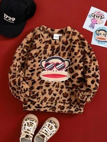 Paul Frank X SHEIN 年轻女孩休闲豹纹刺绣宽松落肩羊毛衫，棕色，秋冬 - 巧克力棕 - 查看 1