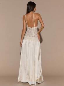 SHEIN BAE Apricot Lace Sexy Elegant Satin Patchwork Backless Dress, Formal Occasion, Cocktail Party, Elegant Long Gown, Autumn/Winter,Prom Dress,Fall Wedding Guest Dress, Sequin Dress,Valentine's Day,Valentine Outfits For Women - Apricot - View 2