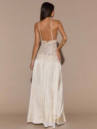 SHEIN BAE Váy hở lưng bằng vải satin chắp vá gợi cảm màu mơ, dành cho dịp trang trọng, tiệc cocktail, váy dài thanh lịch, thu/đông