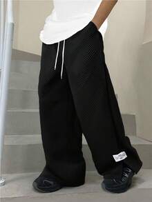 SHEIN 青少年男孩松紧腰抽绳宽松直筒黑色休闲运动裤 - 黑色 - 查看 1