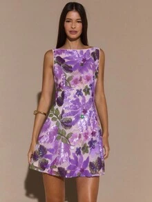 SHEIN BAE Váy ngắn hở lưng thêu hoa 3D nhiều màu sắc màu tím trơn mùa thu/đông, thích hợp cho ngày lễ tình nhân, tiệc cưới phù dâu, váy ngắn đính kim sa sinh nhật, váy ngắn hở lưng, thích hợp cho tiệc tùng, hộp đêm, dịp trang trọng - Màu tím - Xem 4