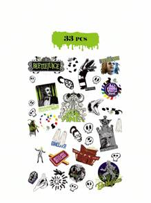 Beetlejuice X SHEIN 夜光卡通图案贴纸套装，适合学生、青少年、男女，适用于笔记本、日记本、手工艺品等类似物品。也可用于个性化滑板、笔记本电脑和行李箱。可移除背胶，轻松撕下，不留残留，适合万圣节 - 彩色 - 查看 3