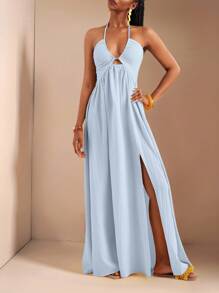 Zivah New Spring And Summer Casual Holiday Halter Neck Strapless Bust, Waist And Back A Swing Skirt With High Slit On The Front To The Thigh, Yellow Sea Stripe Women's Extra Long Dress-B Baby Blue Dress,Sun Dresses For Women - Blue - View 4