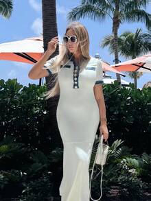 Cioccolato Summer Contrasting Women's Elegant Dress - Apricot - View 5