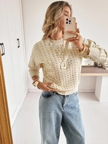 Siren Gaze كنزة صوفية بأكمام طويلة وياقة طاقم مزينة بالترتر للنساء - لون مشمشي - مشاهدة 7