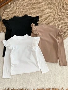 LMoss Kids Set de 3 camisetas casuales de cuello redondo con volantes de unicolor para niña