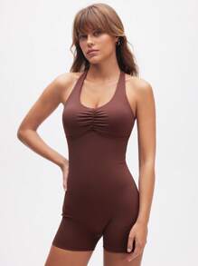 Eassivo Eassivo Women's Brown Halter Neck Ruched Bodysuit,Running Fitness Yoga Exercise Jumpsuit - Coffee Brown - View 10