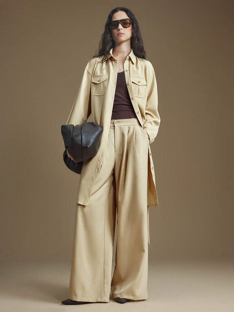 Elegant Light Beige Women's Shacket,Autumn/Winter Office Business Casual,Lapel Collar,Utility Pockets,Cinched Waist Loose Fit,Modern Urban Style,Soft