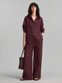 Ontre 2025 Women's 2 Pieces Outfit, Casual Daily Wear, Home Clothes, Beach Vacation Outfit, Long Pants + Long Sleeve Shirt Set, Brunch Outfit, Music Festival Set, Elegant Party Business Casual Suit, Summer - Burgundy - View 6