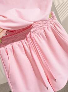 Teenager Mädchen Set aus locker sitzendem rosa Kurzarm T-Shirt und Shorts, lässiger Sportstil für den täglichen Gebrauch, Treffen mit Freunden, Café, Pendeln, entspannte Unternehmungen - Babypink - Übersicht 3