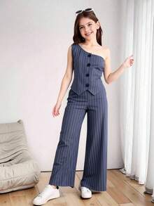 青少年女孩休闲通勤梭织条纹背心和裤子套装 - 深灰色 - 查看 6