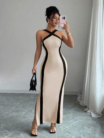 Rafferiza Snygg och elegant bodycon-klänning med färgblock för kvinnor