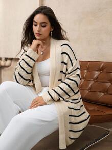 Juhart Cardigan rayé à épaules tombantes en tricot décontracté bicolore pour femmes grande taille - Nude - Voir 8