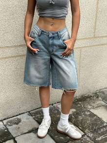 EURMUSE Damen Einfarbige Lässige Jeans Shorts - Helle Waschung - Übersicht 5