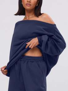 EURMUSE Loose Fit Asymmetrical Shoulder Sweatshirt Long Sleeve Tops - Navy Blue - View 5