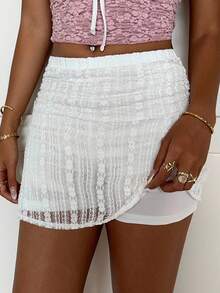 CovetEZ Lace Casual Women Floral Jacquard Pleated Mini Skirt - White - View 6