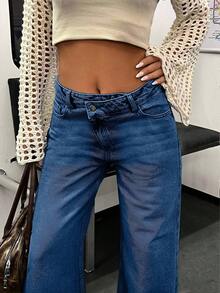 EURMUSE 100%Cotton VINTAGE WASH HIGH WAIST WIDE LEG CUT ASYMMETRIC BELT DETAIL - Medium Wash - View 5