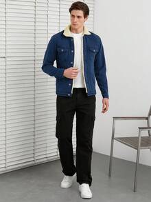 RueChic 100%纯棉男士博格领翻盖口袋保暖内衬牛仔夹克