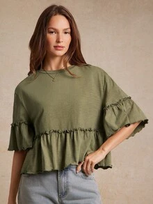 WESTFADE 竹节针织圆领荷叶边袖荷叶边 T 恤，回到学校可爱秋季乡村音乐会 - 綠色 - 查看 3